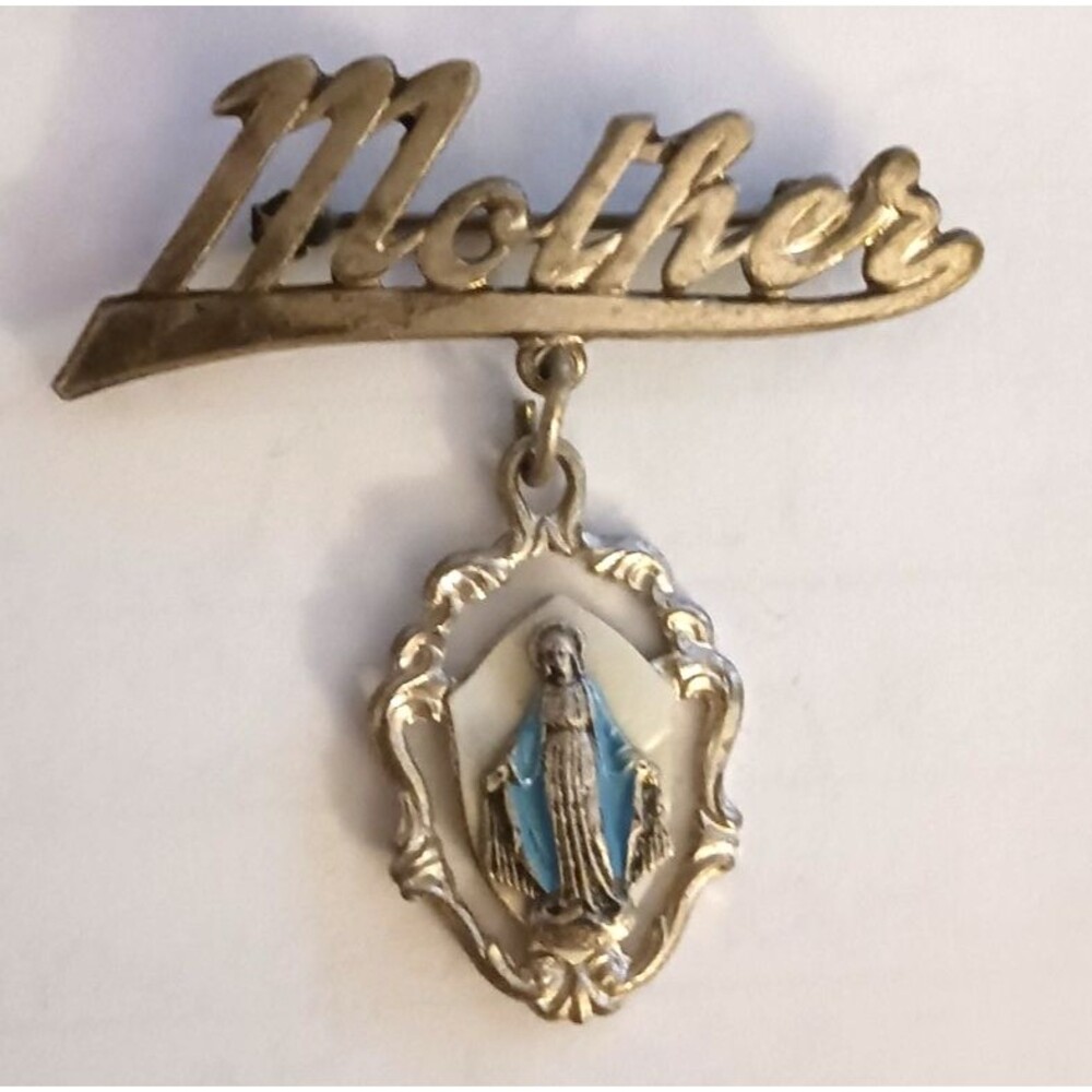 Antique Catholic Religious Saint Mary Mother Brooch Blue Lapel Pin Gift Italy